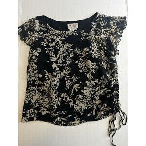 Papell Petites Blouse Women’s Size 8P Black Beige Silk Top Lined Dressy Romantic